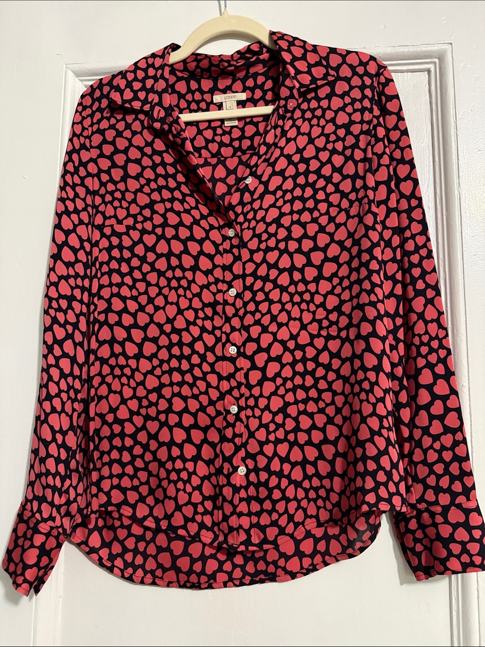 J. Crew Black Button-Down Shirt with Red Heart Print
